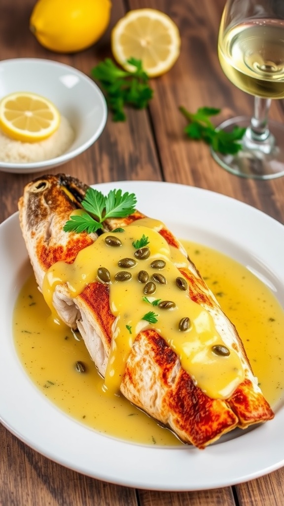 Pan-seared branzino with lemon caper butter sauce, garnished with parsley on a white plate.